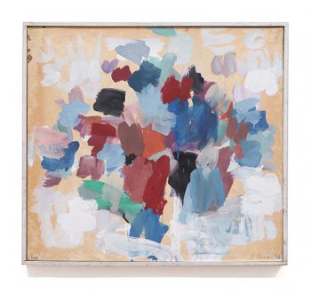 abstract painting with whites blues black and reds