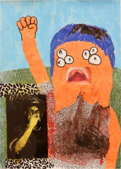 orange figure with fist raised