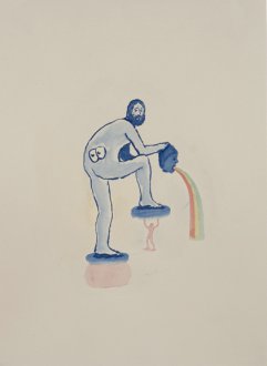 person holding head with something coming out of mouth