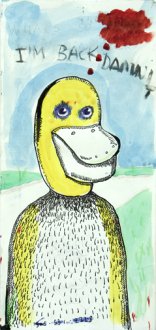 drawing of a duck like creature with words