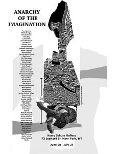  black and white poster of exhibition list names of 45 artists